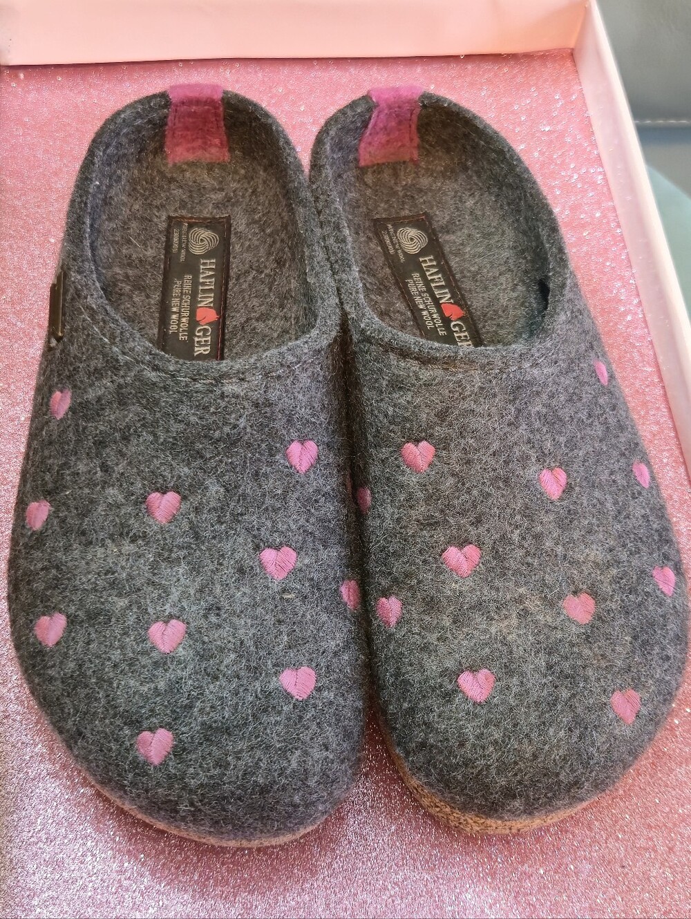 Haflinger Cuoricini Wool Felt Clogs Grey Pink Embroidered Hearts EU 38 US 7–7.5